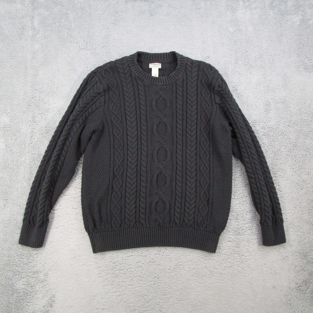LL Bean Mens Large Organic Cable Knit Crewneck Fisherman Sweater Black 514892
